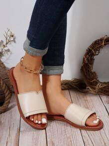 Chaussons plats décontractés pour femmes, chaussons antidérapants à bout rond et ouvert, sandales de plage extérieures - Beige - Voir 4