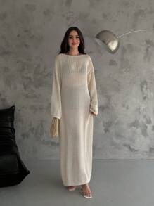 Women's Hallow Knit Maxi Dress Long Sleeve Cover Up Maxi Summer Knit Dress Oversized - Màu be - Xem 3