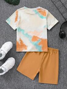 2pcs Young Boy Coconut Tree Print Tie-Dye Round Neck Short Sleeve T-Shirt And Patched Shorts Set, Suitable For Vacation, Summer, Beach, Casual, Daily Wear, And Parties - Yellow - View 2