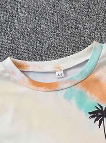 2pcs Young Boy Coconut Tree Print Tie-Dye Round Neck Short Sleeve T-Shirt And Patched Shorts Set, Suitable For Vacation, Summer, Beach, Casual, Daily Wear, And Parties - Yellow - View 3