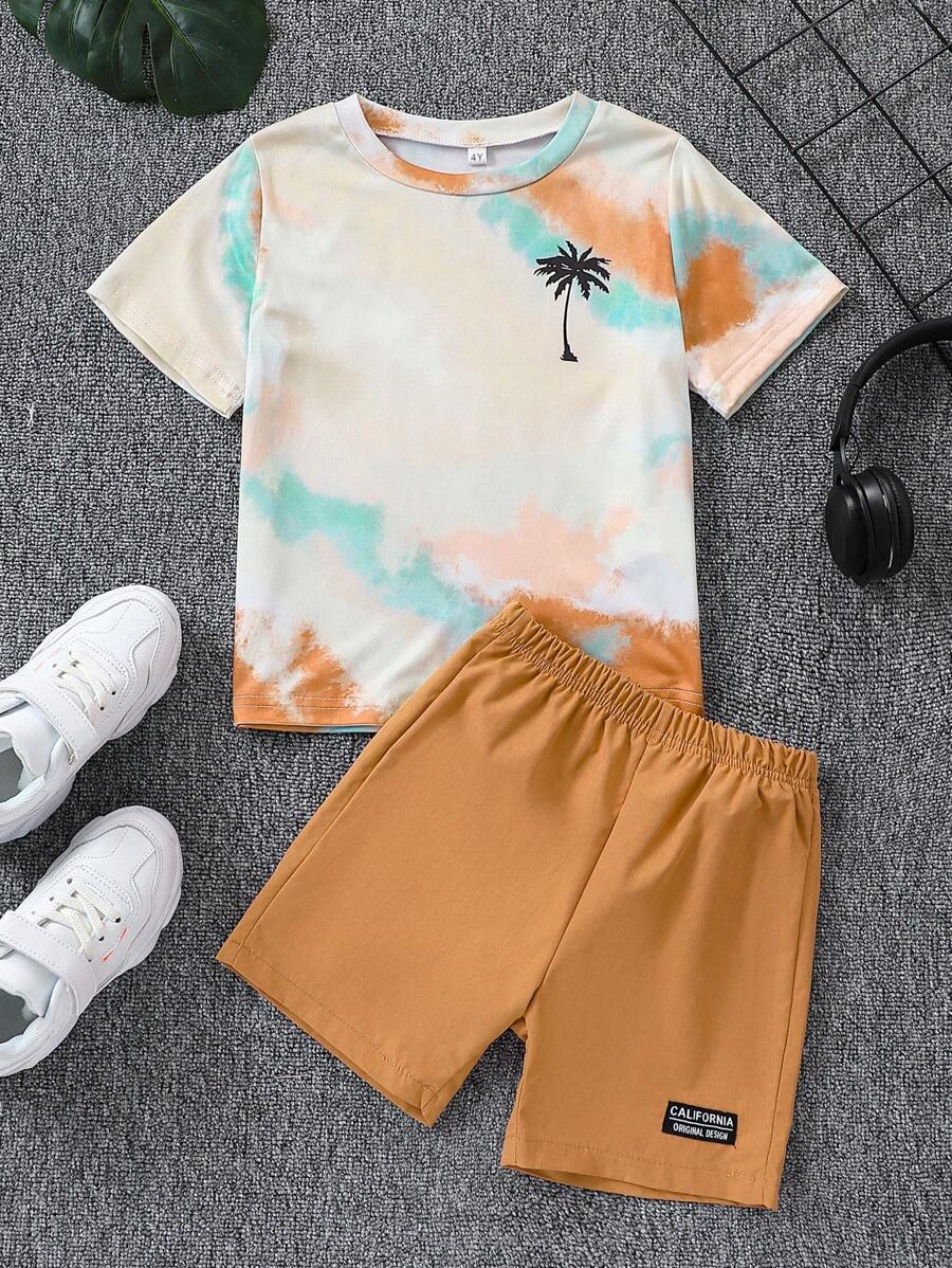 2pcs Young Boy Coconut Tree Print Tie-Dye Round Neck Short Sleeve T-Shirt And Patched Shorts Set, Suitable For Vacation, Summer, Beach, Casual, Daily Wear, And Parties - Yellow - View 1