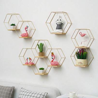 1pc Nordic Ins Style Iron Wall-Mounted Shelving Unit, Hexagonal Combination Bookshelf For Living Room Decoration, No Drilling Required Best Gifts