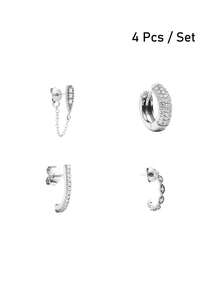 4 Pcs Gold Color Cubic Zirconia Chain Stud Earrings For Women Exquisite Zirconia Piercing Hoop Earrings Set Fashion Jewelry
