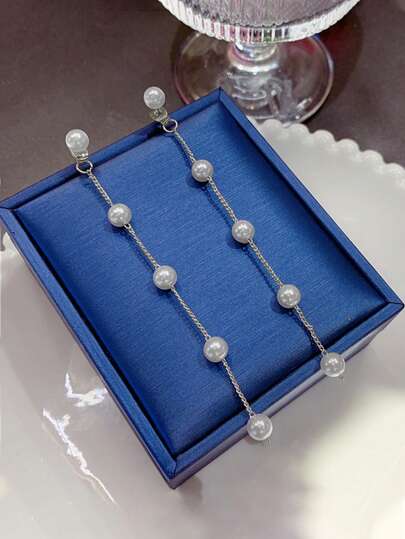 1pair Long Chain Pearl Drop Earrings, Suitable For Daily Wear