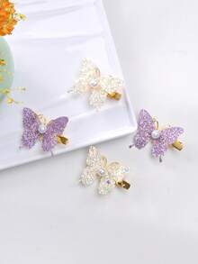 4入組多色女士髮飾，蝴蝶珍珠閃粉可愛側夾 - 彩色 - 查看 8