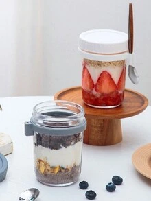 1 pieza Recipiente para avena overnight, ensaladas y cereales, vaso versátil para desayuno, tarro de vidrio hermético que incluye tapa con cuchara, marcadores de medida para control de porciones conveniente, apto para avena overnight, yogur, leche, verduras y ensaladas de frutas - Blanco - Ver 2
