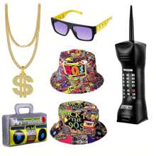 Set de 5 piezas de accesorios de disfraz de hip hop de los 80s y 90s que incluye: radio de boombox inflable, collar, teléfono, gafas de sol y sombrero tipo cubo. Además, un sombrero de cubo reversible de estilo retro de los 80s y 90s para fiestas con temática disco, disfraces, carnavales y Halloween. - Multicolor - Ver 1