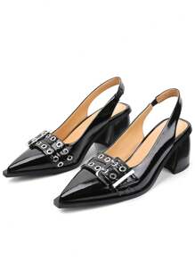 女士魚嘴後跟厚跟舒適尖頭泵鞋，寬金屬扣帶辦公室聚會裝扮鞋 - 黑色 - 查看 2