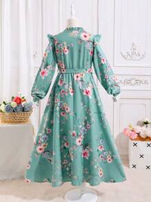Vestido de manga larga y cintura ceñida con estampado floral, transpirable, para niña preadolescente