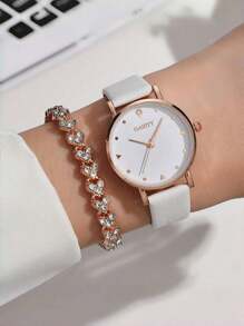 1 pieza Reloj de mujer con decoración de estrás y movimiento de cuarzo y 1 pieza Pulsera - Oro rosa - Ver 2