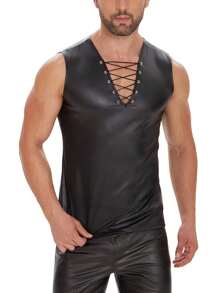 Plus Size Men Shiny Leather Tank Top Adjustable Soft Matte Leather T-Shirts Sleeveless Male High Elastic Shaping Vest