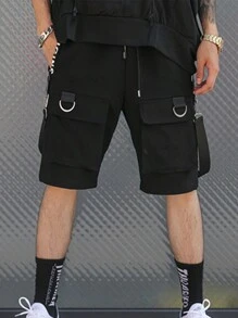 Multi-bolsillos ropa de trabajo de cinco cuartos pantalones hip-hop cien suelta casual pantalones de chándal Pantalones cortos para hombre - Negro - Ver 4