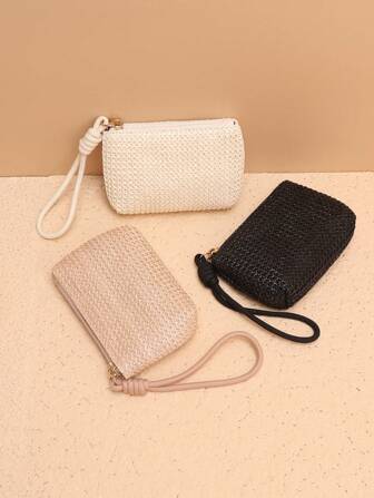 1 pièce Petit sac tressé en paille d'été, porte-monnaie, porte-cartes de clé, pochette à main, sac de rangement - Portefeuille-bracelet