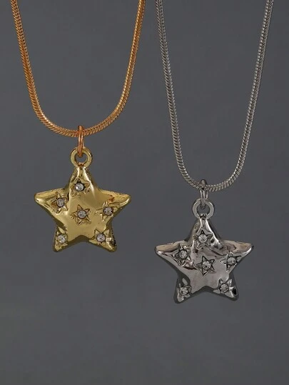 ROMWE Grunge Punk 1 件时尚水钻星形吊坠项链，复古百搭设计，适合男女，日常佩戴（彩色水钻颜色随机）