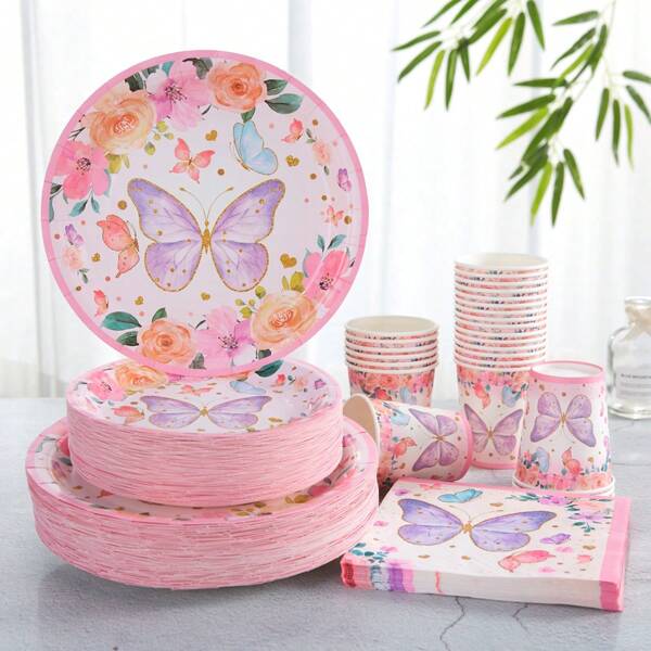 Butterfly Themed Party Supplies Pack, Paper Plate And Cup Napkin Party Supplies, Disposable Butterfly Shaped Tissue Napkins Paper Cups Paper Plates, Butterfly Themed Party Decorative Paper Plates, Baptism Decorative Supplies,Christmas