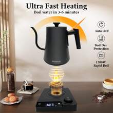 Smang 1入組鵝頸手沖咖啡壺，40-100℃溫度控制電熱壺用於保溫，1200W高功率快煮壺，1000ml容量穩定出水，304不銹鋼材料 - 查看 7