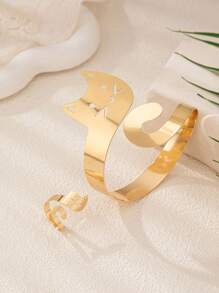 1pc Cute Cartoon Cat Metal Bangle + 1pc Ring, Luxurious And Lovely Jewelry Set For Women, Suitable For Parties, Dating, And Gifting - Yellow Gold - View 3