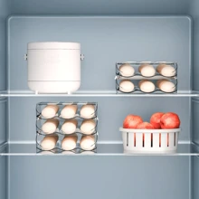 MOLOLAN Kit De Caja Contenedor Organizador Porta 54 Huevos Huevera,Caja de Huevos Rodante Automática 2/3 Pisos + 2 Separadores de Clara + 1 Batidor de Acero Inoxidable | Organizador de Huevos PET Alimentario Sin BPA | Diseño Apilable & Inclinación 7° (Auto-Desplazamiento) | Multiuso para Huevos/Verduras/Frutas/Cosméticos | Ideal para Cocina y Nevera de Hogar Mexicano - 2 capas - Ver 11