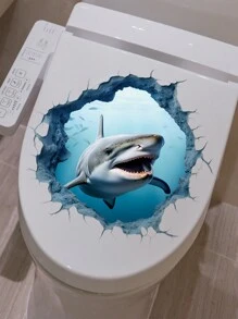 1入組3D鯊魚洞馬桶蓋貼紙，適用於房間、浴室、洗手檯裝飾 - 彩色 - 查看 8