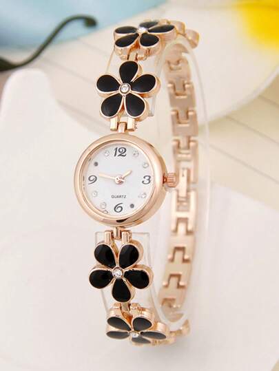 1 件/套时尚简约可爱花卉阿拉伯数字小表盘石英钢带手表，适合生日、万圣节礼物