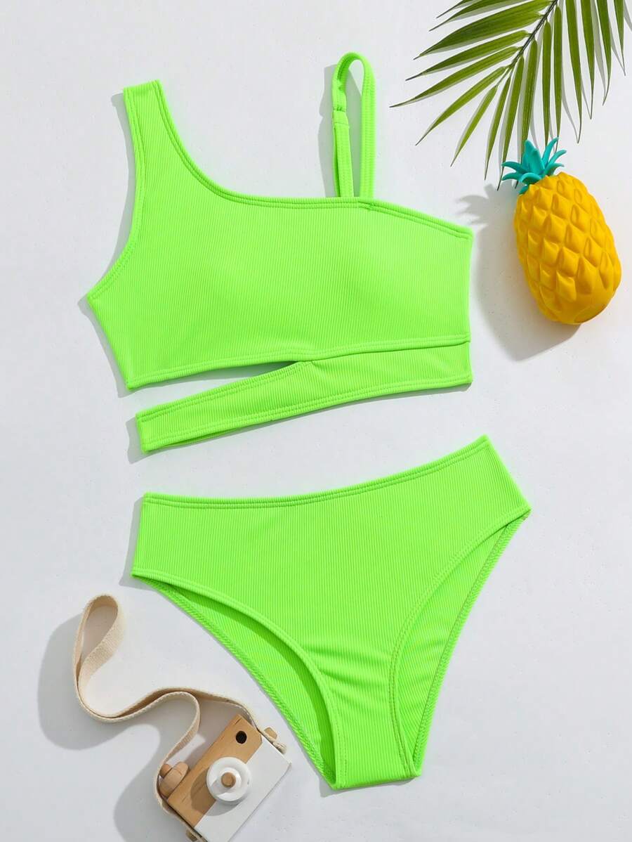 Tween Girl Removable Padded Neon Green Two-Piece Swimsuit