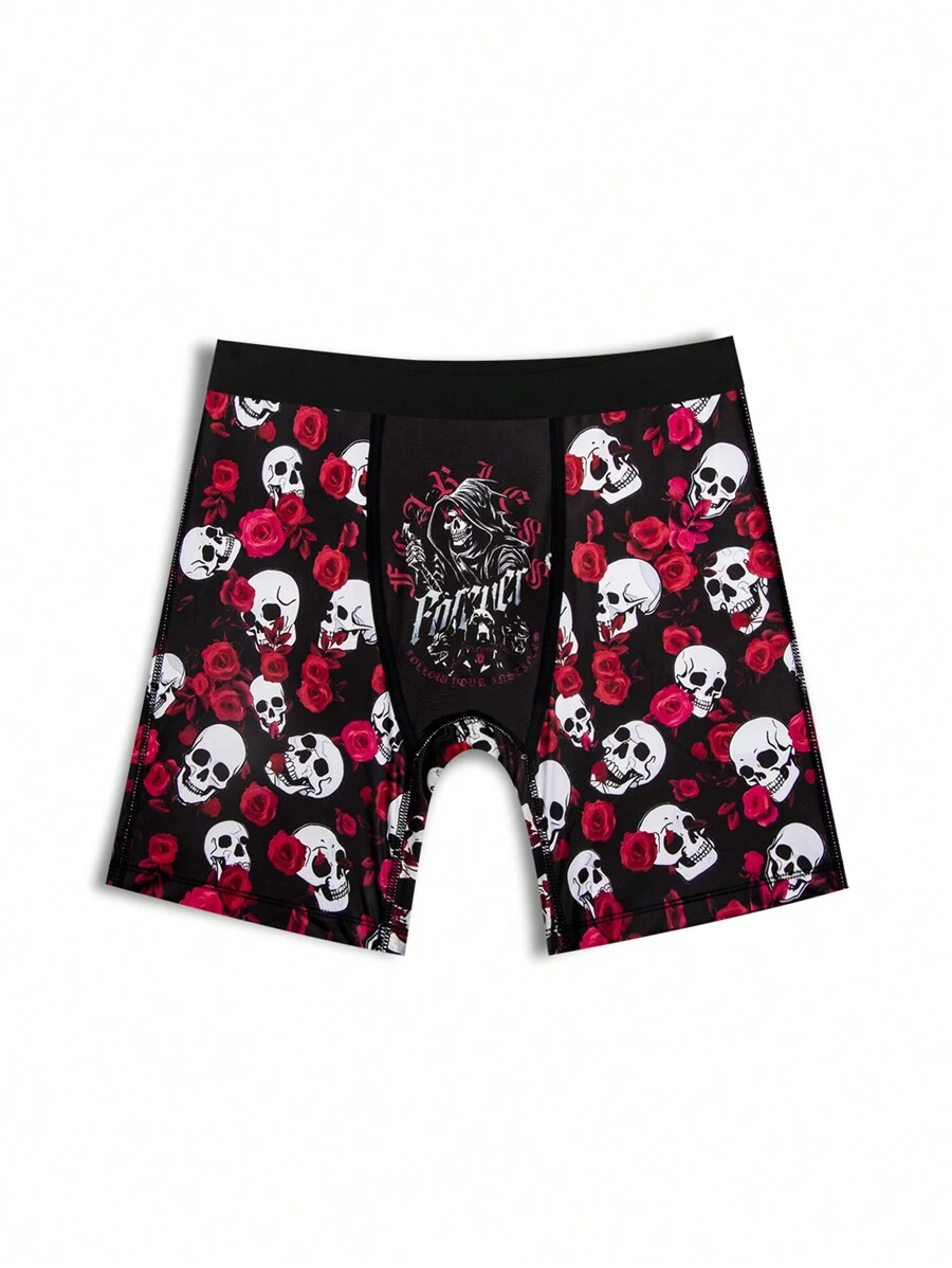 男士長款舒適短褲，數字印花玫瑰和骷髏圖案 - 彩色 - 查看 1