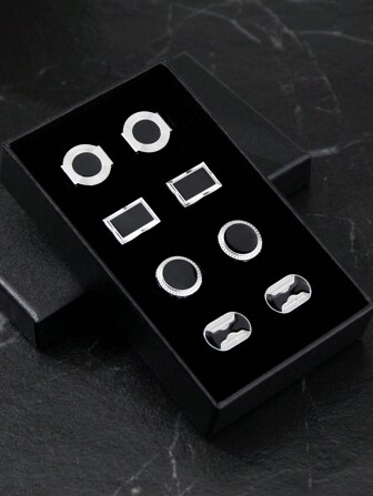4 pièces Boutons de manchette mode homme en argent plaqué noir avec boîte-cadeau, accessoire de style pour chemise, cadeau idéal pour le mari
