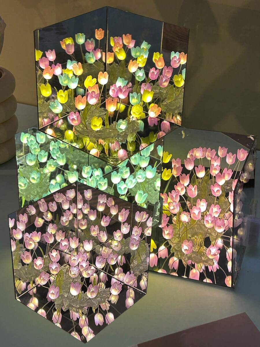 USB-Powered DIY Tulip Lamp Materials Set With 20 Flowers For Bedroom Ambience And Desktop Decoration, Including Infinity Mirror, Birthday & Christmas Gift DIY Assembly Materials - White - View 1