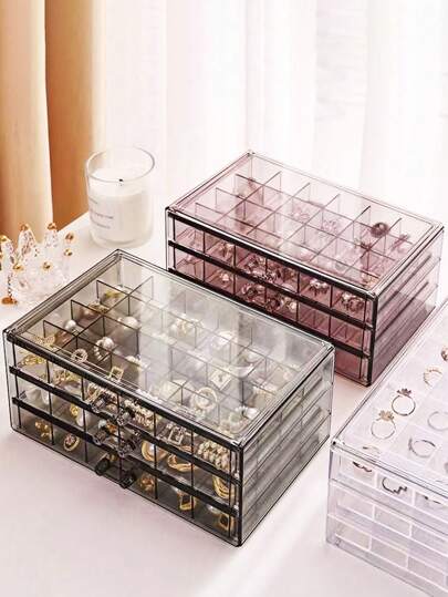 1pc 72 Grid Jewelry Drawer Storage Box, Clear Acrylic Jewelry Organizer For Earrings, Necklaces, Rings, Modern Style, With Dividers, Plastic Lockable Jewelry Box, Suitable For Travel, Desktop, Women's Jewelry Storage, Elegant 72-Slot Jewelry Organizer: Three-Layer Drawer Storage Box, Classified Accessory Stand - Clear And Space-Saving