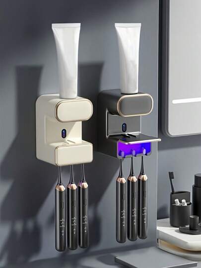 1 件套智能自动紫外线牙刷消毒器和牙膏分配器、USB 充电壁挂式牙刷架、带传感器的电动牙膏挤压器、3 槽牙刷消毒清洁器（适合家庭使用）、免费打孔、浴室配件家居浴室装饰秋季装饰返校