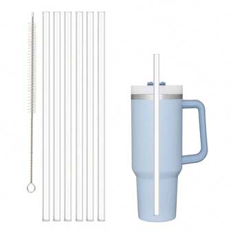6pcs Transparent PE Drinking Straw, 9mm Diameter, 1pc Stainless Steel Cup Brush, Reusable, Compatible With Stanley 20oz-30oz-40oz