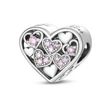 1 pièce Charm perles en forme de cœur avec zircone cubiques roses exquis de couleur argent, convient pour les bracelets serpent, les colliers pendentifs. Idéal pour la fabrication de bijoux DIY, cadeau pour petite amie pour la Saint-Valentin, anniversaire