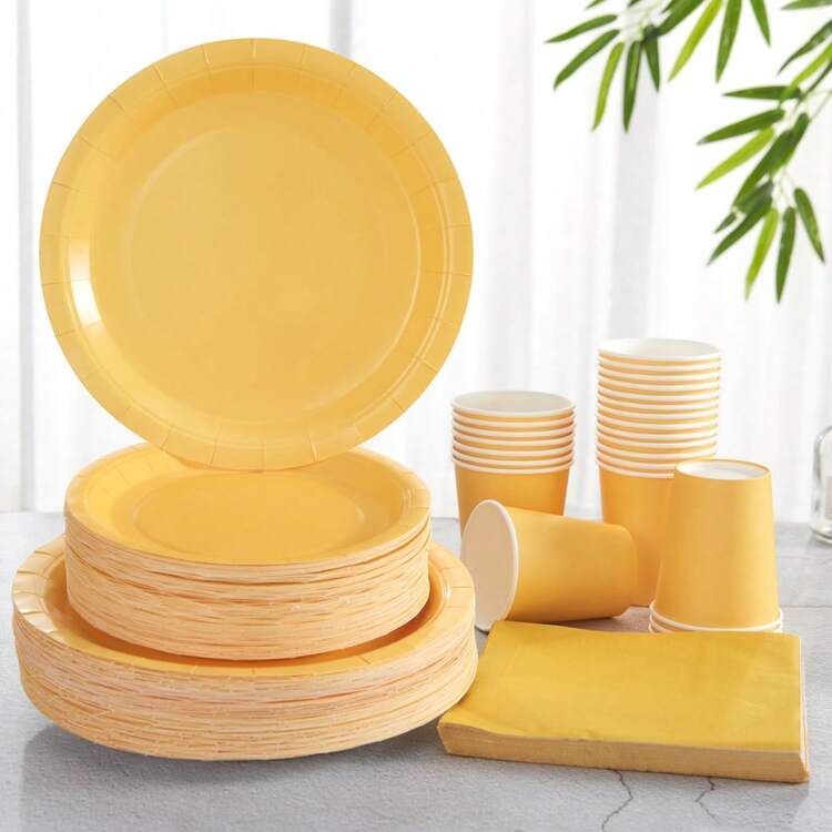Yellow Disposable Plates And Napkins Party Supplies For 24 Guests Disposable Paper Plates For Birthday Wedding Party Family Picnic Christmas SHEIN