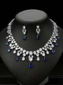 1 set/3 pièces Collier et boucles d'oreilles en zircone cubique de cuivre de mode européenne et américaine pour mariage ou soirée, bijoux haut de gamme avec décoration en goutte d'eau pour vêtements festivaliers femmes