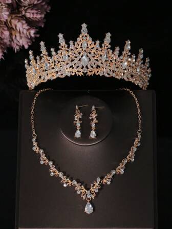 1 套经典水钻皇冠、项链和耳环，适合女士，非常适合婚纱配饰或金色派对万圣节