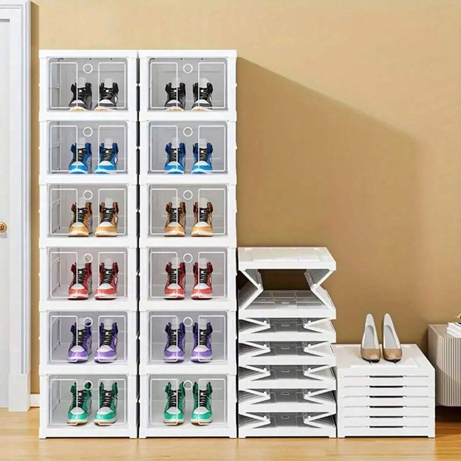 1 Stück stapelbarer, faltbarer Schuhkarton mit Tür - staubdichter Kunststoff Sneaker Organizer, platzsparende Aufbewahrung für Eingangsbereich, Schlafzimmer, Zuhause & Wohnheim