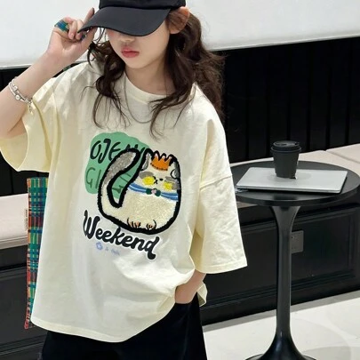 Tween 女童短袖 T 恤，2025 年新款超大上衣，儿童夏季韩国时尚品牌宽松夏装