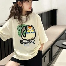 Tween 女童短袖 T 恤，2025 年新款超大上衣，儿童夏季韩国时尚品牌宽松夏装 - 米色 - 查看 3