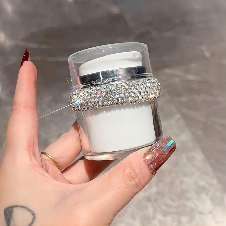 1pc Shiny Rhinestone Cream Jar Vacuum Bottle, Airless Pump Jar Bottle