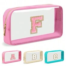 Geantă de machiaj cu scrisoare inițială personalizată, transparentă, cu plasture de chenille A-Z, geantă cosmetică din nailon Preppy cu fermoar, omologat TSA, transparentă, impermeabilă, pentru toaletă, pentru femei, fete, organizator pentru machiaj.