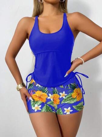 2pcs Flower Print Spaghetti Strap Tankini Top And Tankini Bottoms Sports Set Tankini Summer