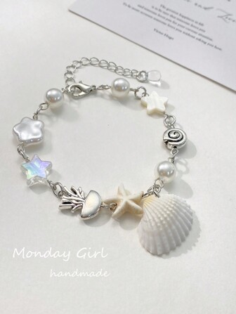 1入手工時尚天然珍珠白色海星＆貝殼吊墜手鍊，適用於女性日常沙灘穿著