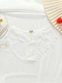 花朵蕾絲白色T型後背內褲，西式高腰水滴形蕾絲邊修剪女式褲子，帶清晰的實色中空修身三角三角褲 - 白色 - 查看 6