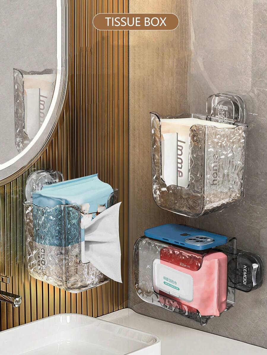 1入組吸盤式濕巾儲物盒，壁掛式面紙盒，適用於臉巾、廚房、浴室、衛生間，馬桶紙掛置盒 - 彩色 - 查看 1