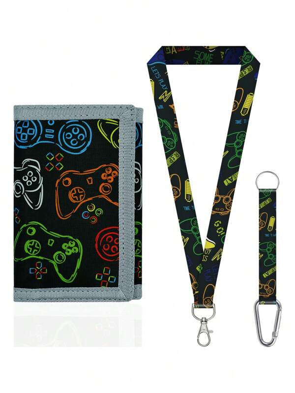 1 Set Cartoon Black Game Console Tri-Fold Kids Wallet With Lanyard, Suitable For Boys And Girls, Great Gift For Daily Use