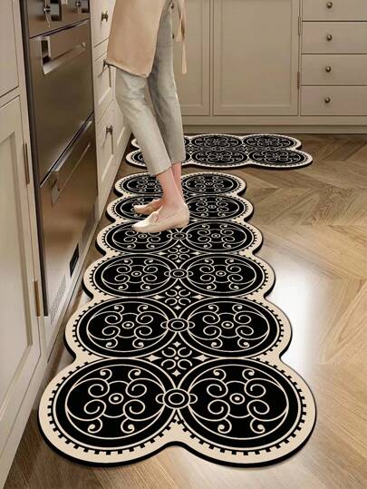 1入組帶高端線條和花卉接合漸變圖案的矽膠廚房地墊，輕奢時尚風格，緩解疲勞感，吸水速乾和防滑，簡約柔軟橡膠墊，適用於廚房，浴室，入口，洗衣房等地方，可作為房間裝飾