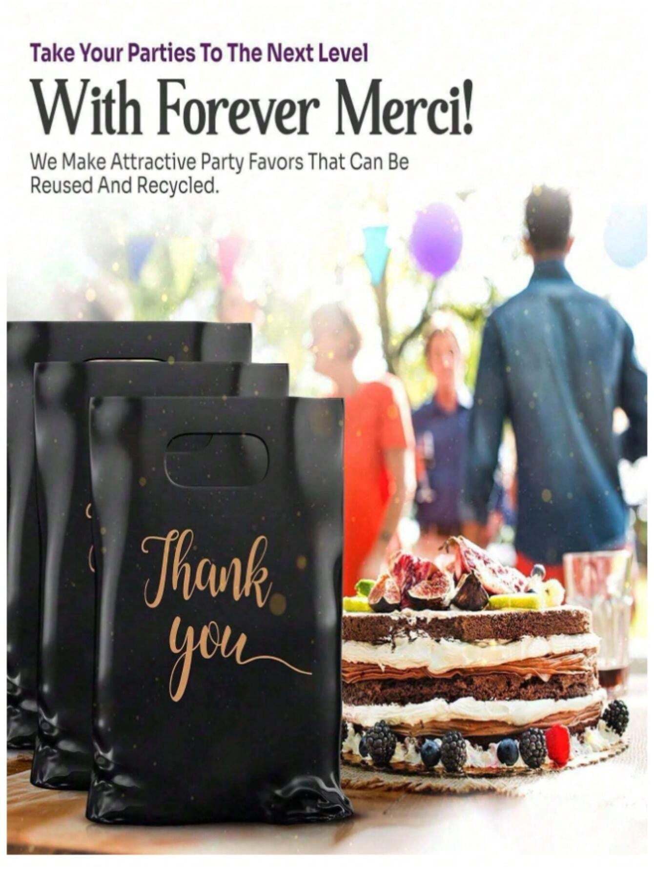 100pcs Thank You Party Favor Bags, Simple Black Plastic Gift Bags With