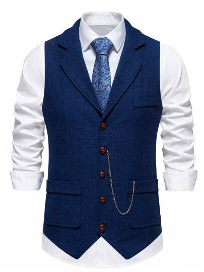 New Men's Herringbone Tweed Suit Vest, Vintage Lapel With Horse Chain And V-Neck, For Fall Winter