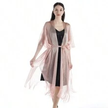 1pc Women Solid Color With Silver Thread Mesh Long Tassel Cover-Up Shawl Scarf, Suitable For Beach Party Outerwear - Multicolor - View 11