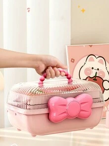 1入組蝴蝶結髮飾收納盒，可愛的兒童髮夾、髮針、珠寶和化妝品桌面整理盒，防塵設計 - 粉色 - 查看 3